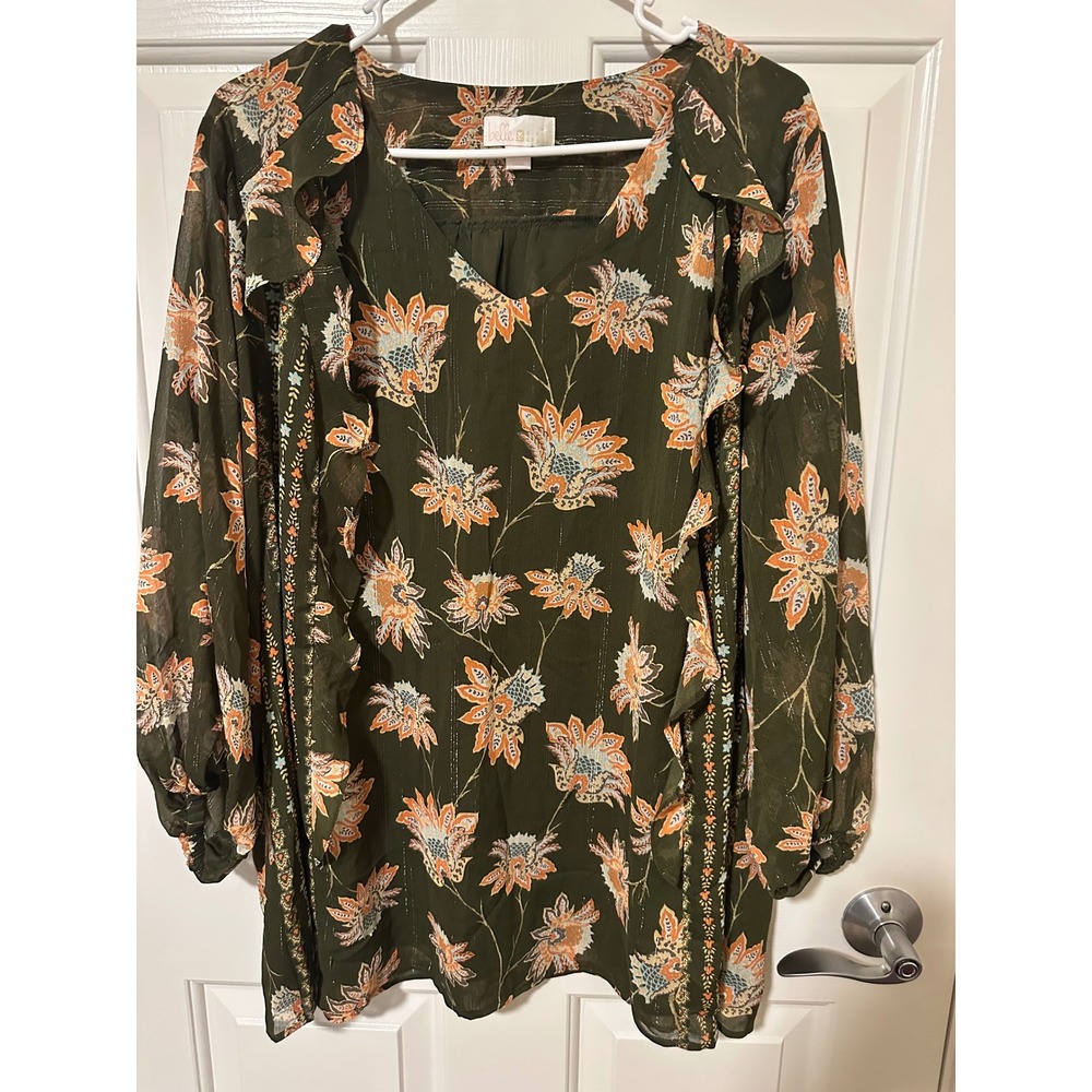 Belle Kim Gravel Blouse Womens 2X Green Floral Metallic Ruffle V-Neck Top